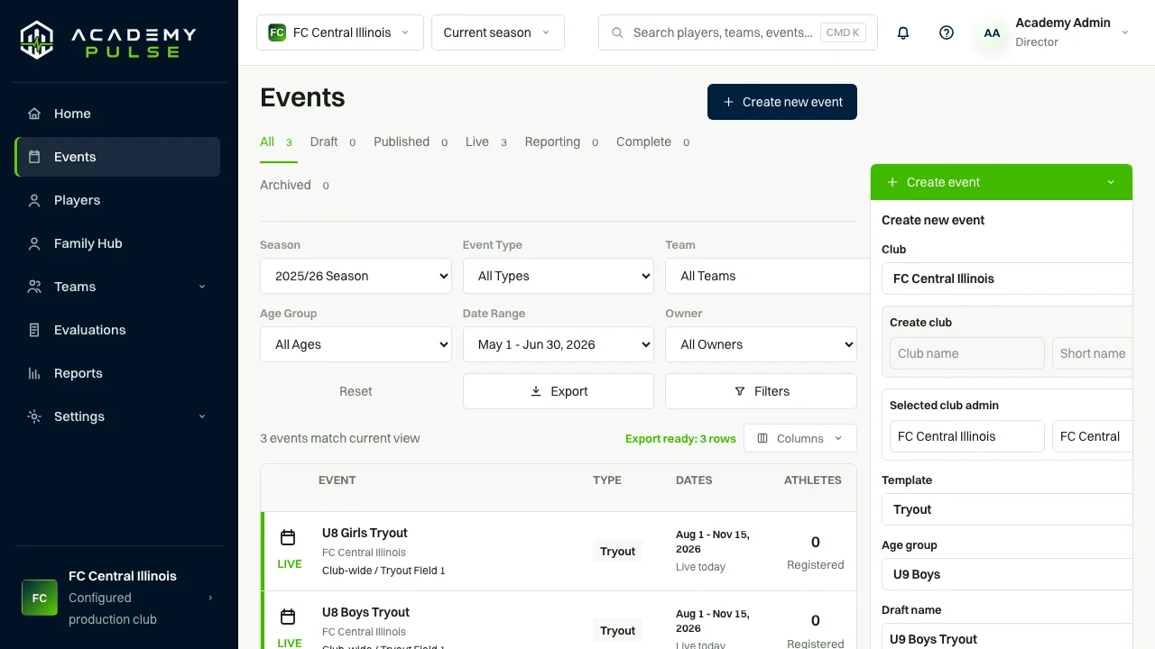 Academy Pulse evaluation events workspace