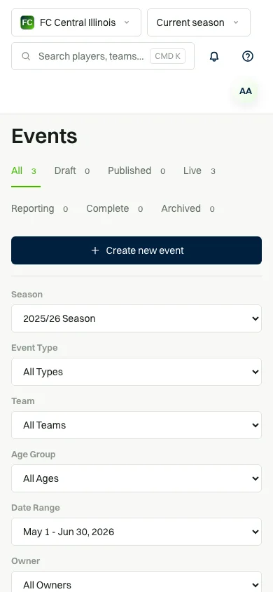 Academy Pulse mobile event-creation workflow