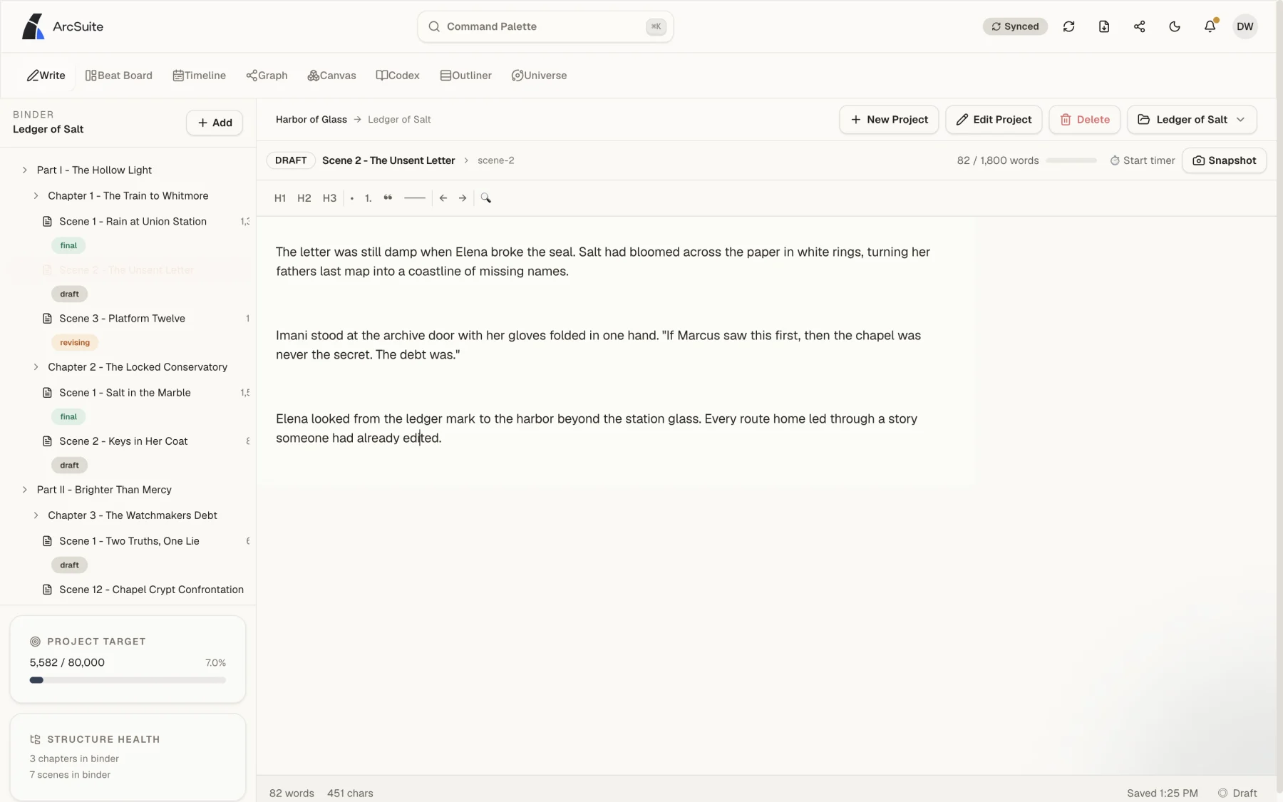 ArcSuite prose writing workspace