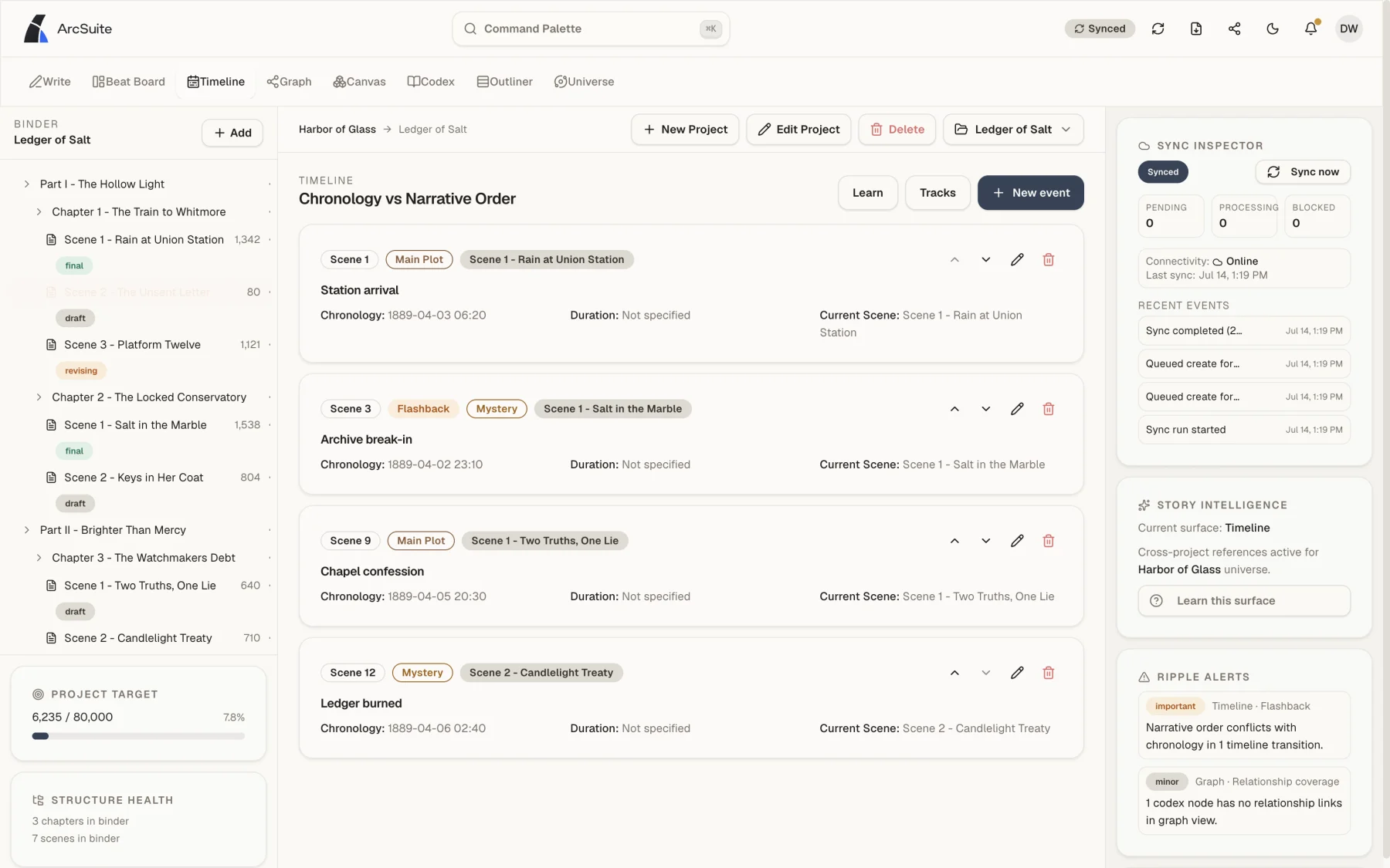 ArcSuite timeline view for chronology and scene order