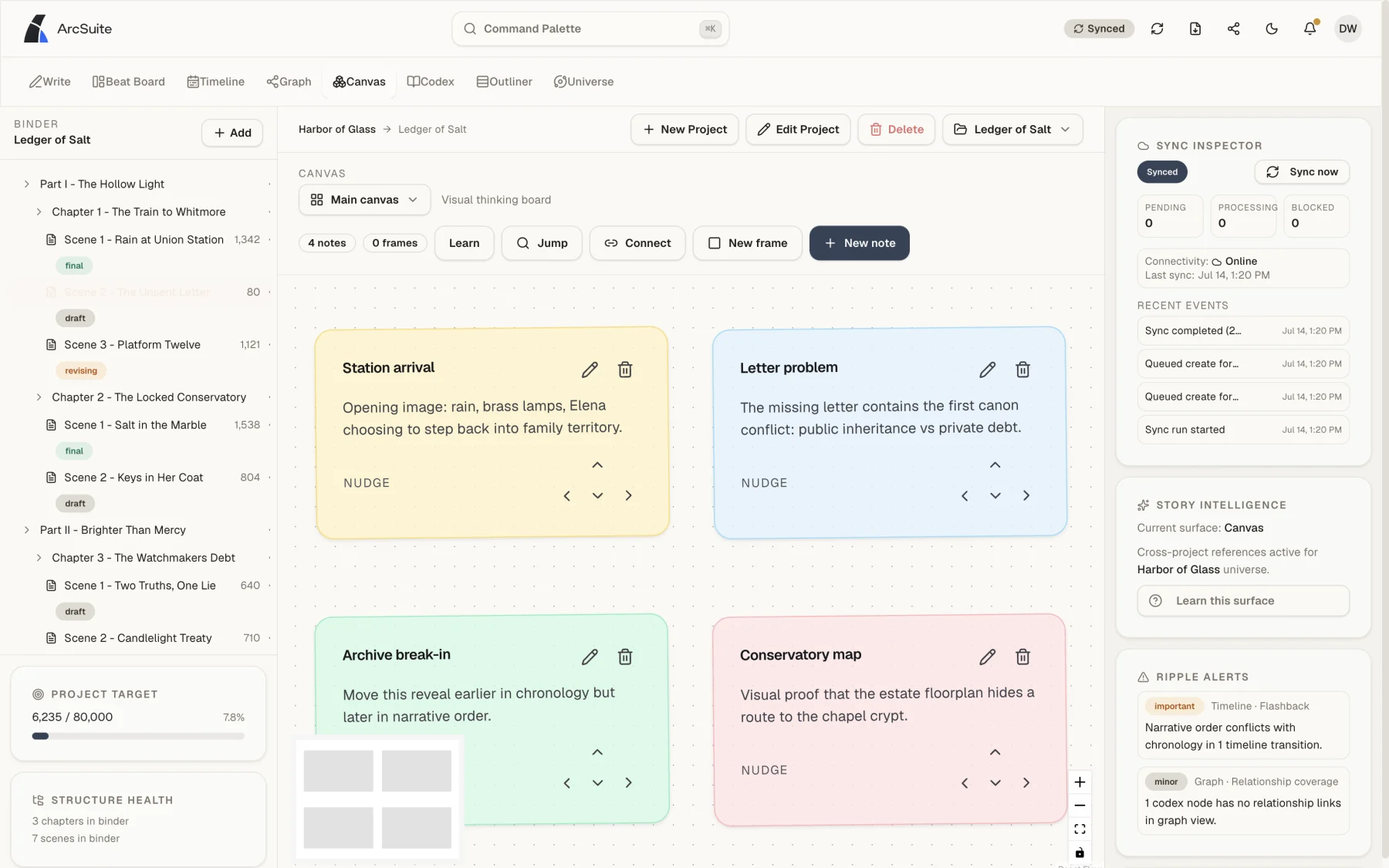 ArcSuite canvas view for visual story planning and relationship mapping