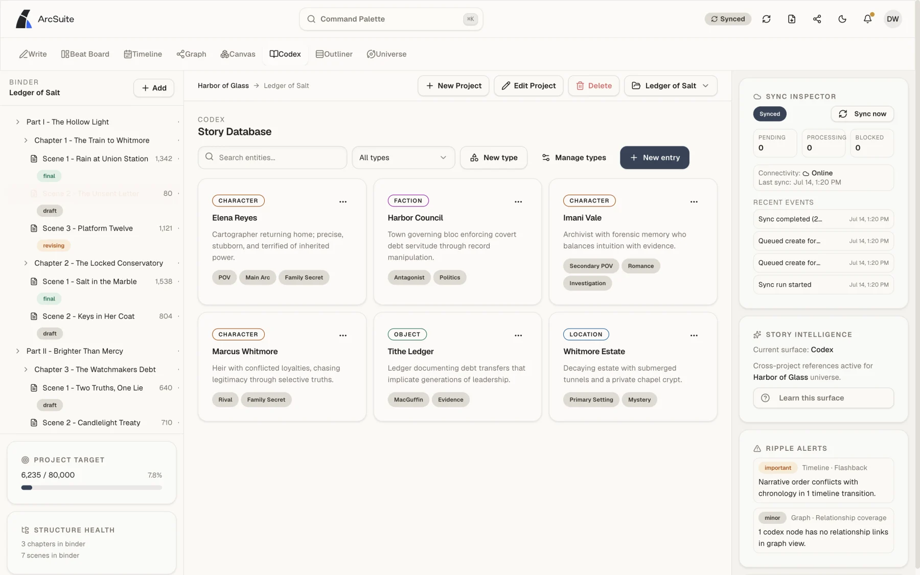 ArcSuite Codex story database for characters, places, objects, and story facts