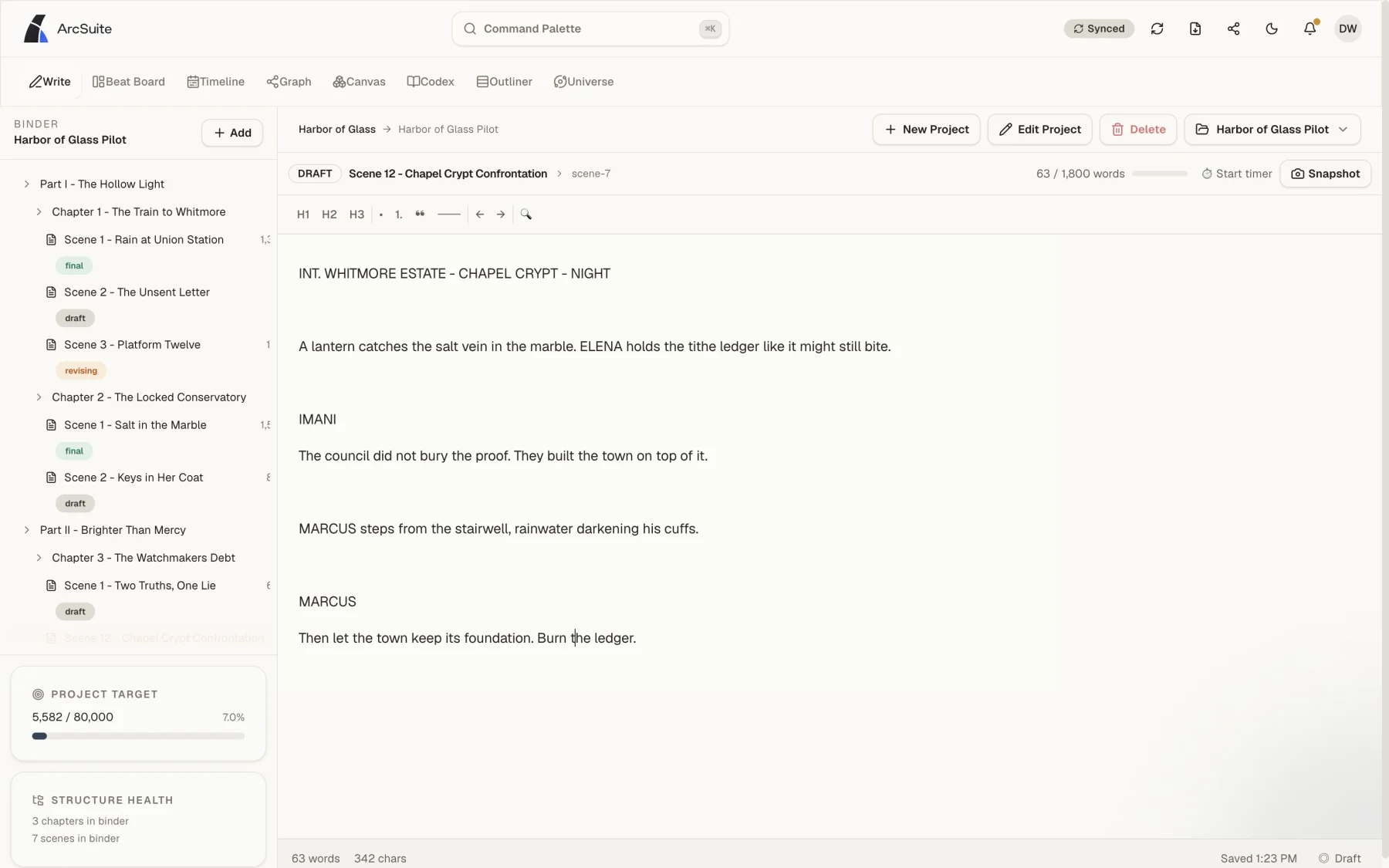 ArcSuite screenplay writing workspace with formatted scene text and binder navigation