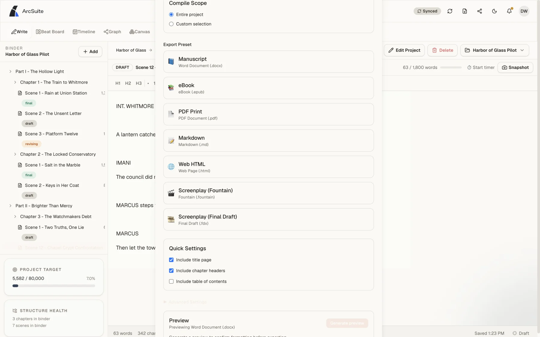 ArcSuite compile export modal with manuscript, ebook, PDF, Markdown, HTML, Fountain, and Final Draft presets