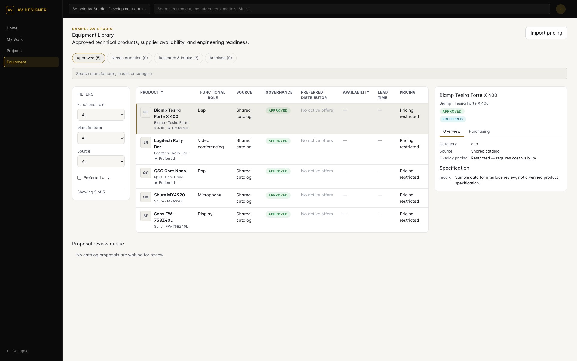 AV Designer equipment library development interface with sample data