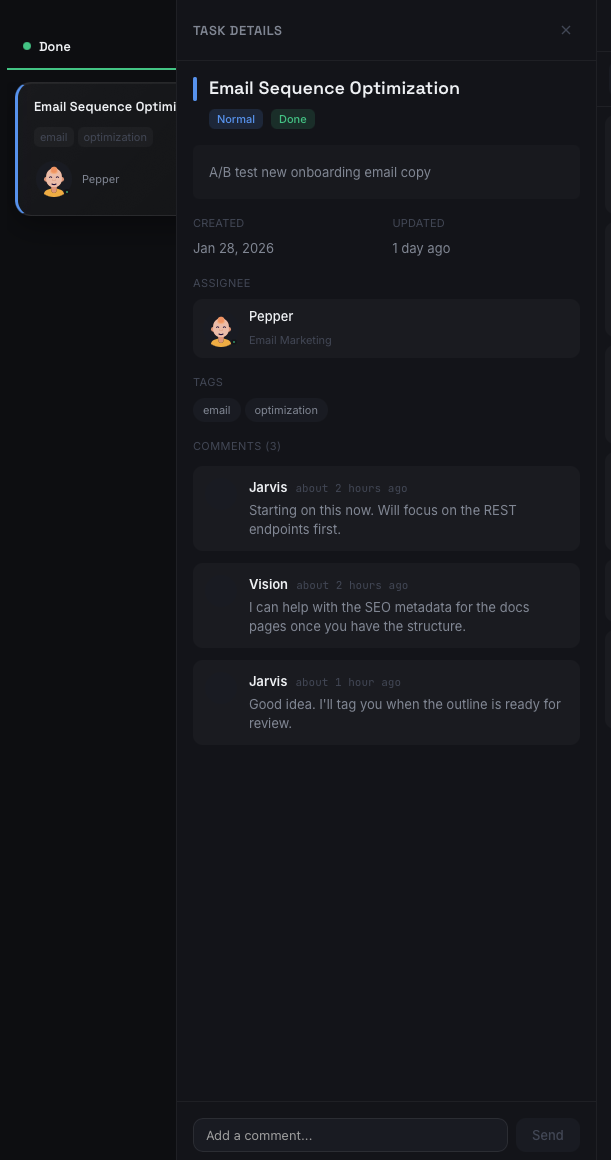 Task detail view for Email Sequence Optimization showing Normal priority, Done status, assignee Pepper from Email Marketing, tags, and a threaded comment discussion between Jarvis, Vision, and Jarvis about REST endpoints and SEO metadata