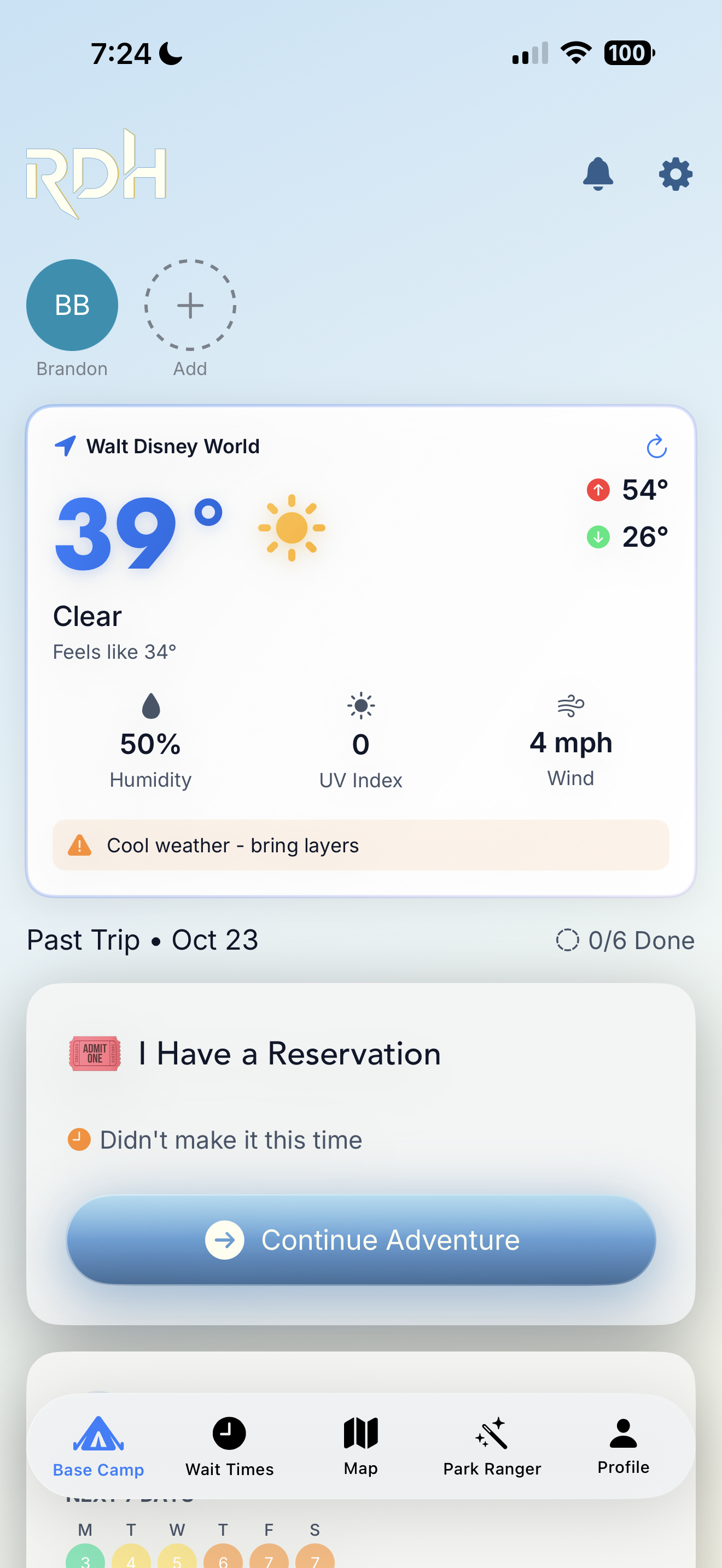 Base Camp home screen showing Walt Disney World weather at 39 degrees, trip planning with reservation tracking and Continue Adventure button