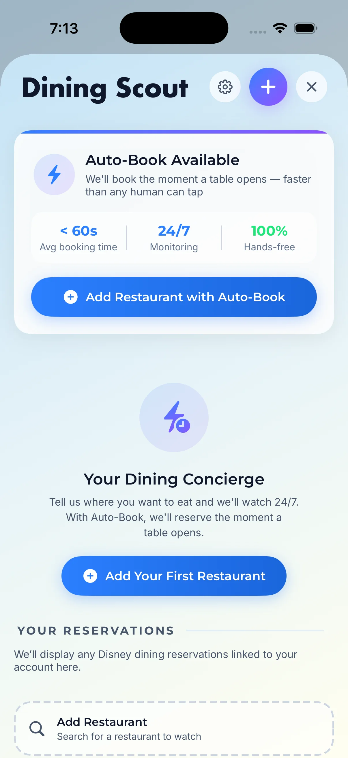 Rope Drop Hero Dining Scout dashboard with restaurant watches and availability alerts