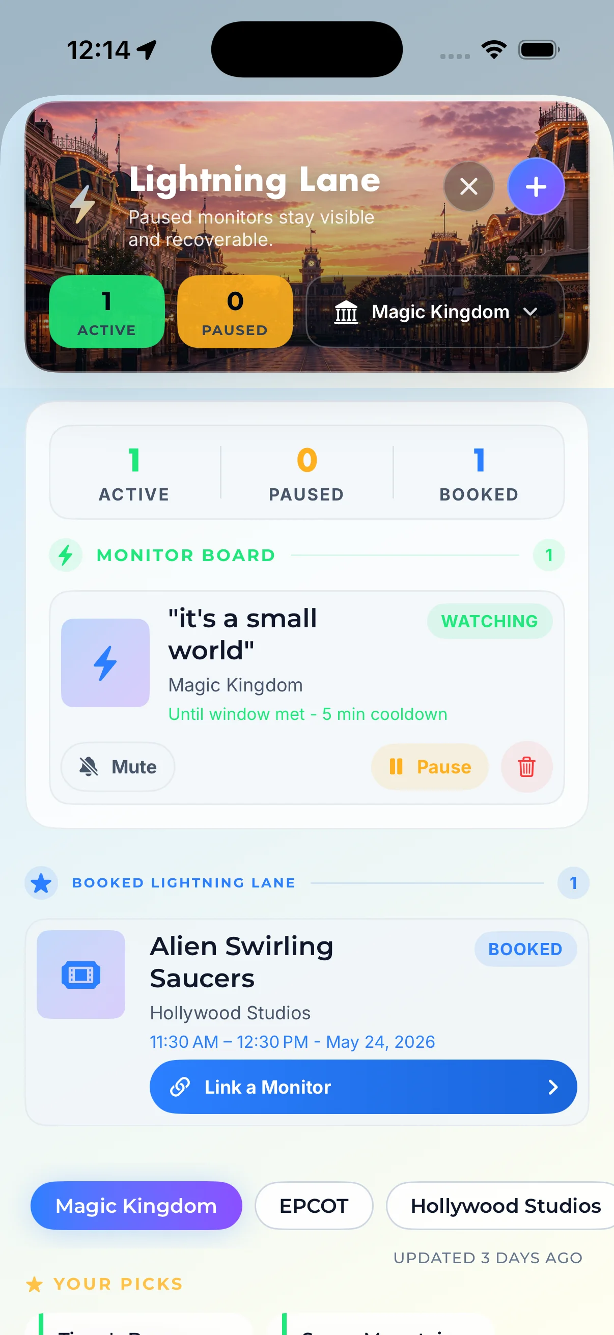 Rope Drop Hero Lightning Lane screen showing a monitored attraction and secured return time