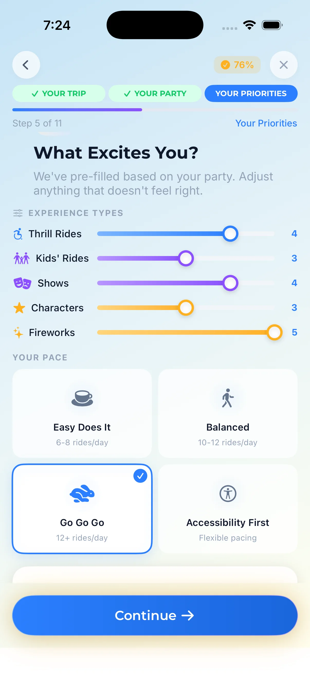 Rope Drop Hero Wish Builder showing party priorities and pace preferences