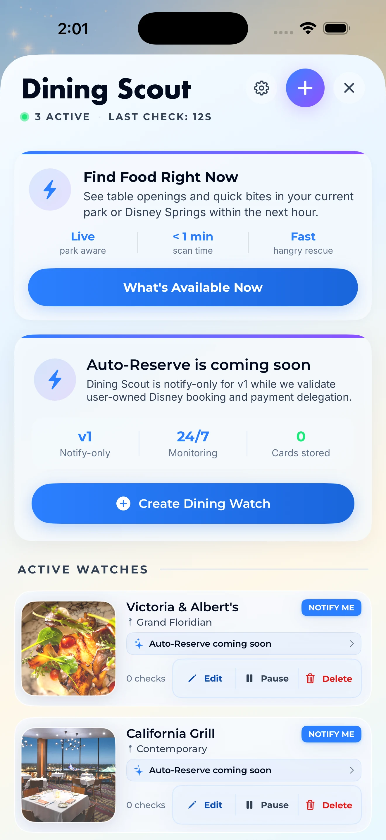 Rope Drop Hero Dining Scout with Find Food Right Now, notify-only monitoring, and restaurant watches