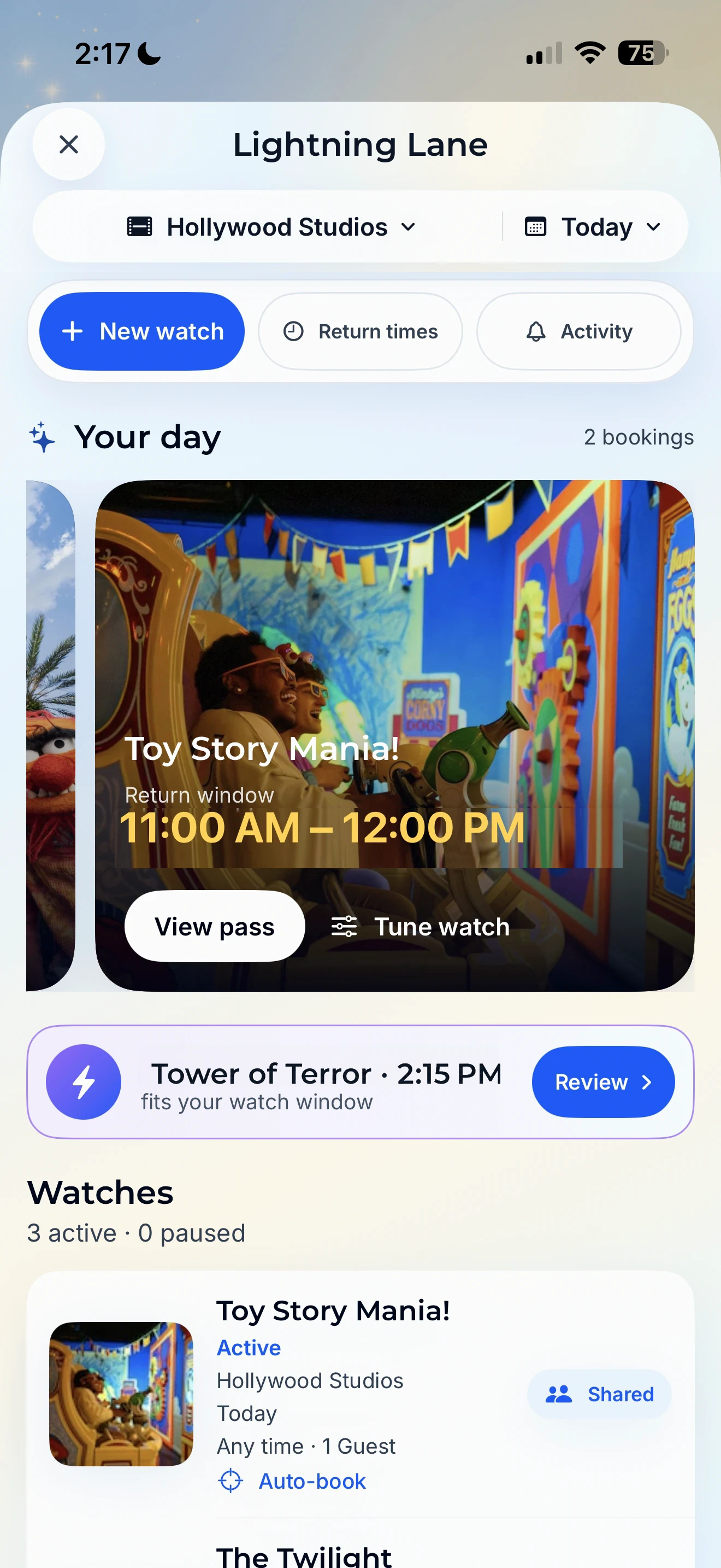 Rope Drop Hero Lightning Lane planning interface.