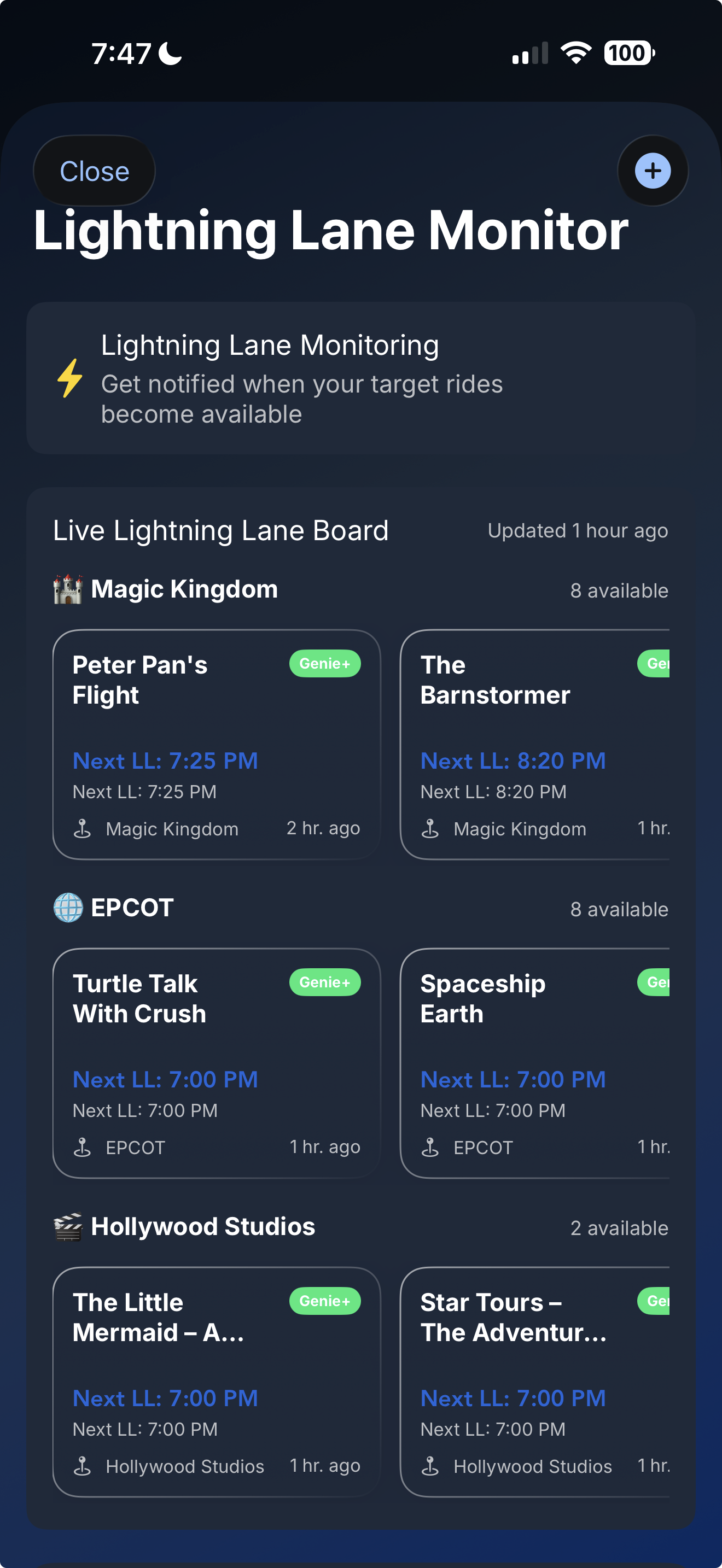 Lightning Lane Monitor showing available Genie+ slots across Magic Kingdom, EPCOT, and Hollywood Studios with next available times