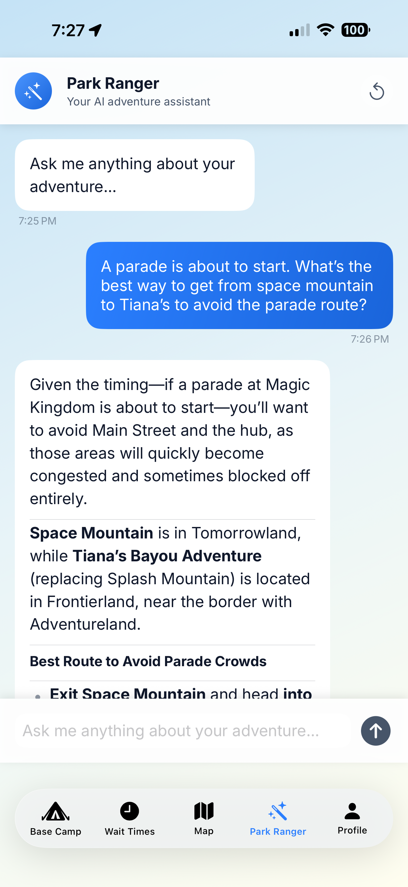 Park Ranger AI assistant providing detailed routing advice to avoid parade crowds between Space Mountain and Tiana's Bayou Adventure