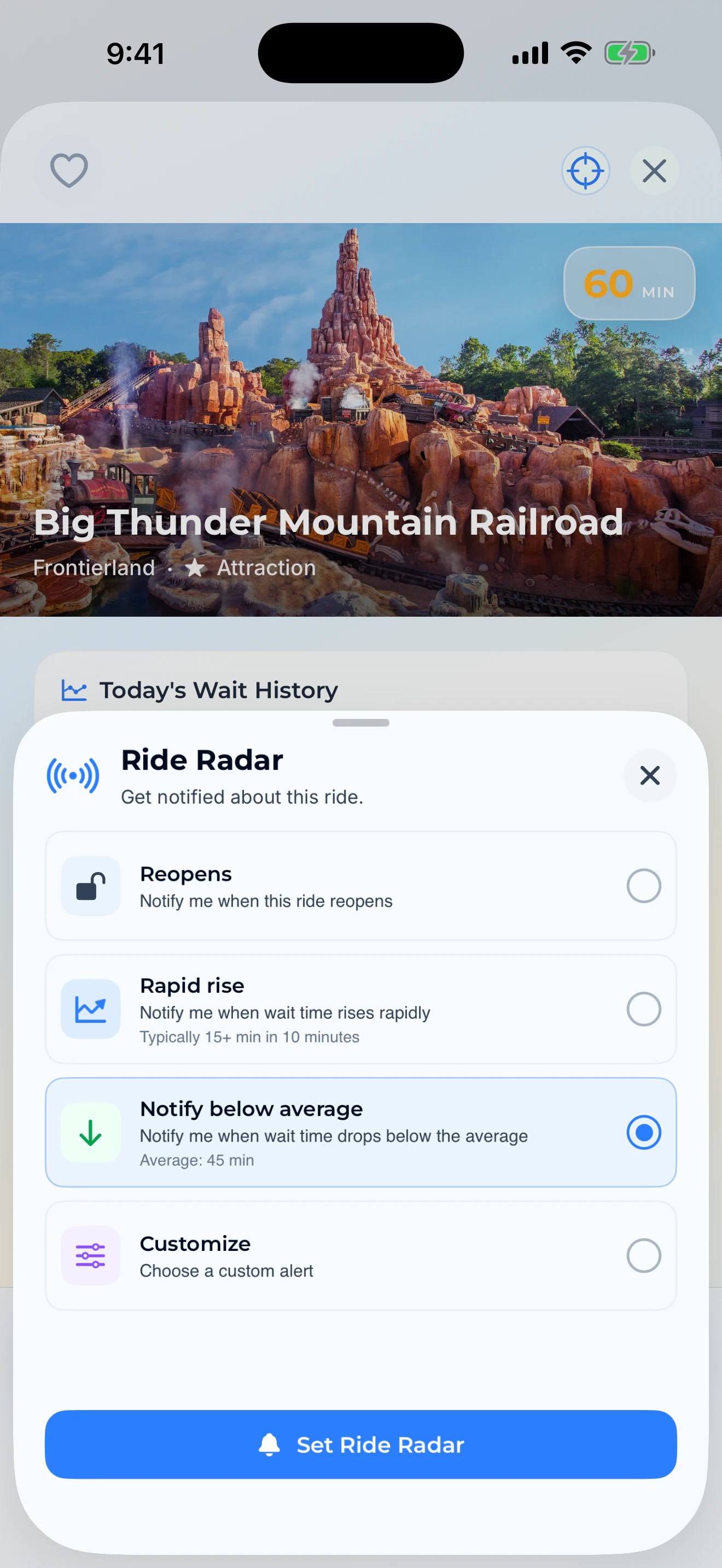 Rope Drop Hero Ride Radar with reopening, rapid-rise, and below-average wait alerts